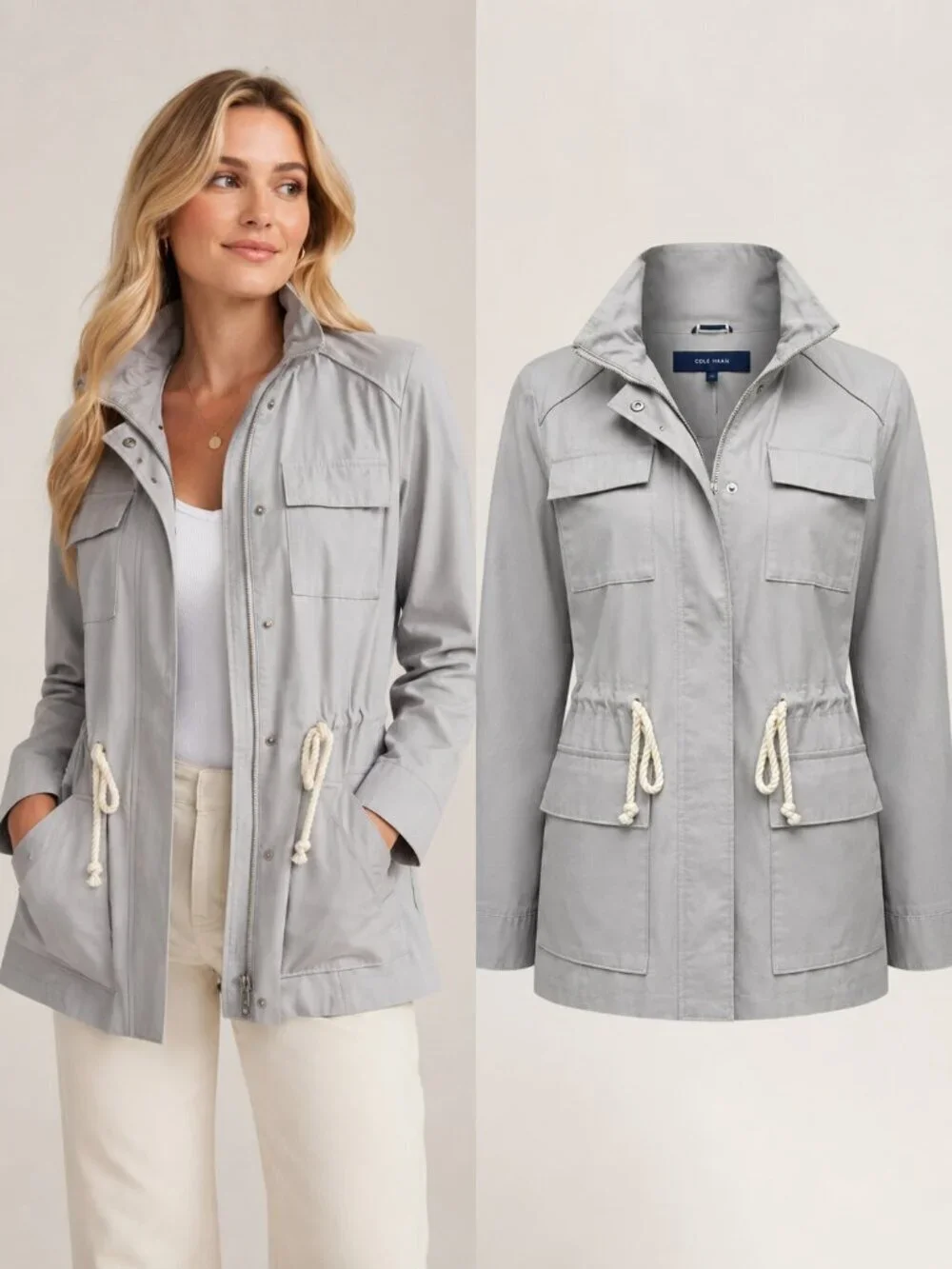 NWT Cole Haan Utility Anorak Jacket Fog Gray Drawstring Waist Small Coastal Chic